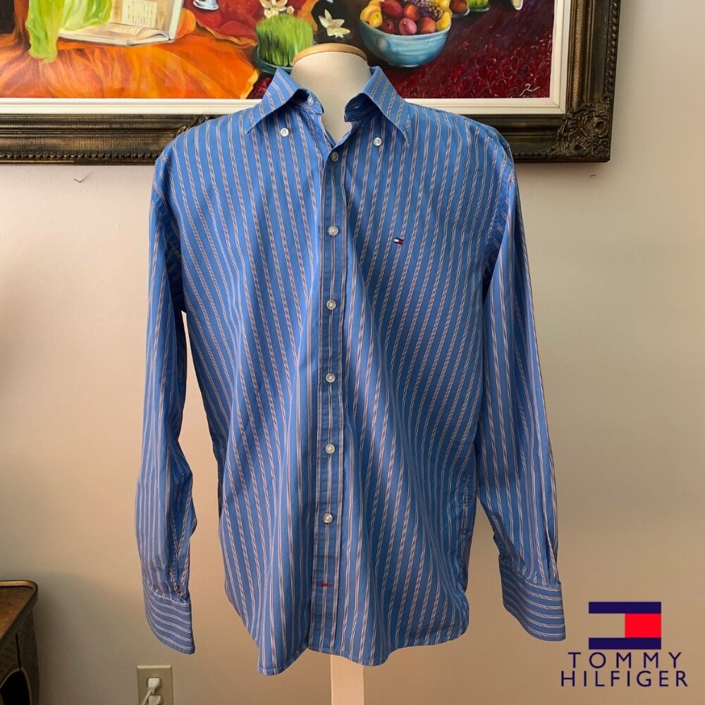 Tommy Hilfiger Men’s L Shirt Blue and White Stripes Button Down Long Sleeves